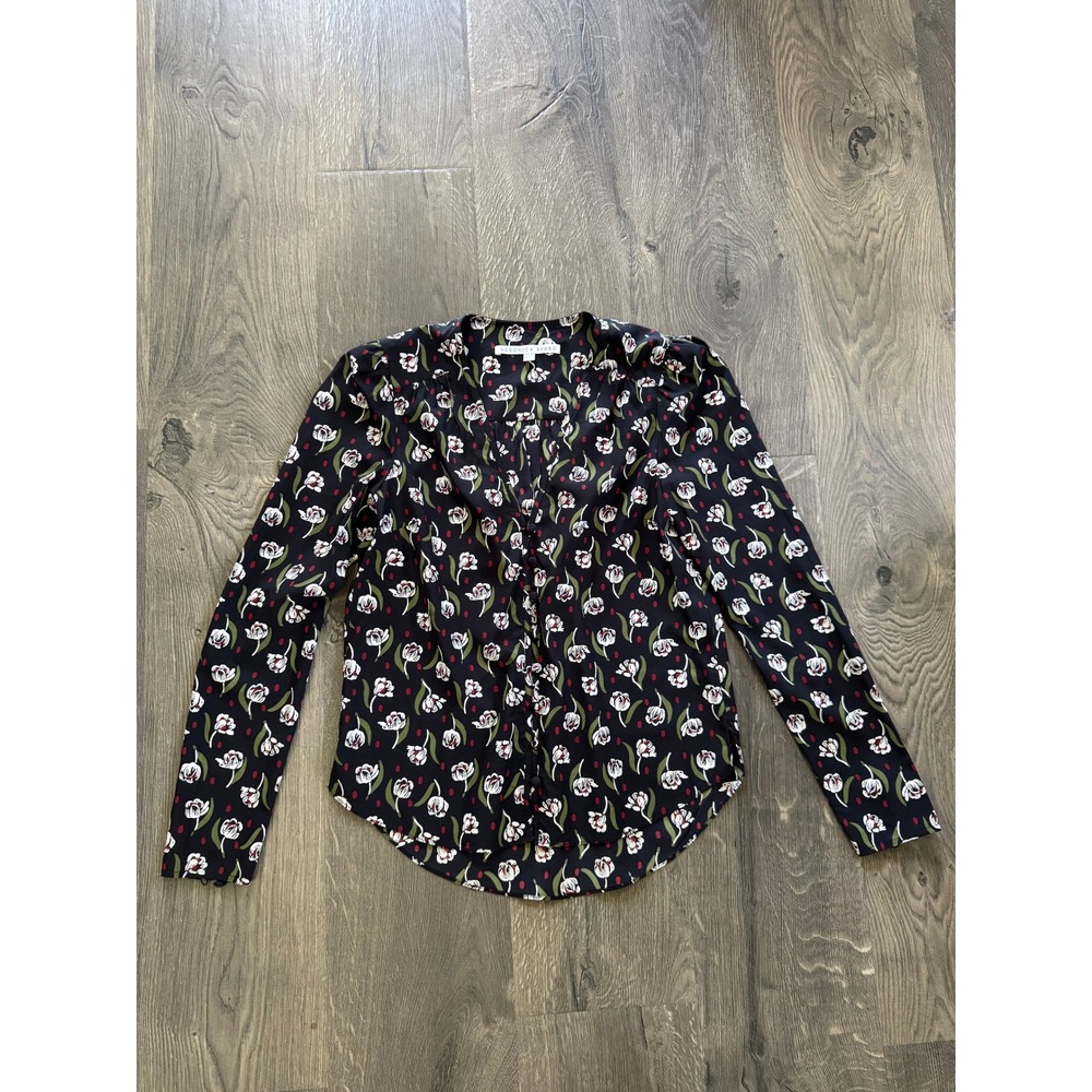 Veronica Beard Silk Blend Tulip Floral Blouse Size 0 Black V-Neck NWOT